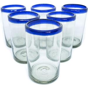Cobalt Blue Rim 14 oz Drinking Glasses (set of 6), Recycled Glass, Lead-free, Toxin-Free (Drinking)