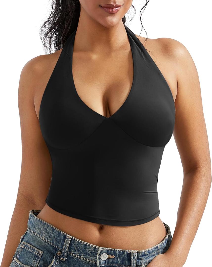 OMKAGI Womens Tank Tops Sexy Halter V Neck Going Out Tops Sleeveless Y2K Crop Top (Medium, 293-black)