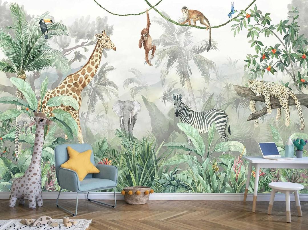 Reyhui Kids Wallpaper Tropical Leves and Safari Animals
108"x75" Not Peel and Stick Wall Mural for Wall Bedroom Living Room TV Background Sofa Wall