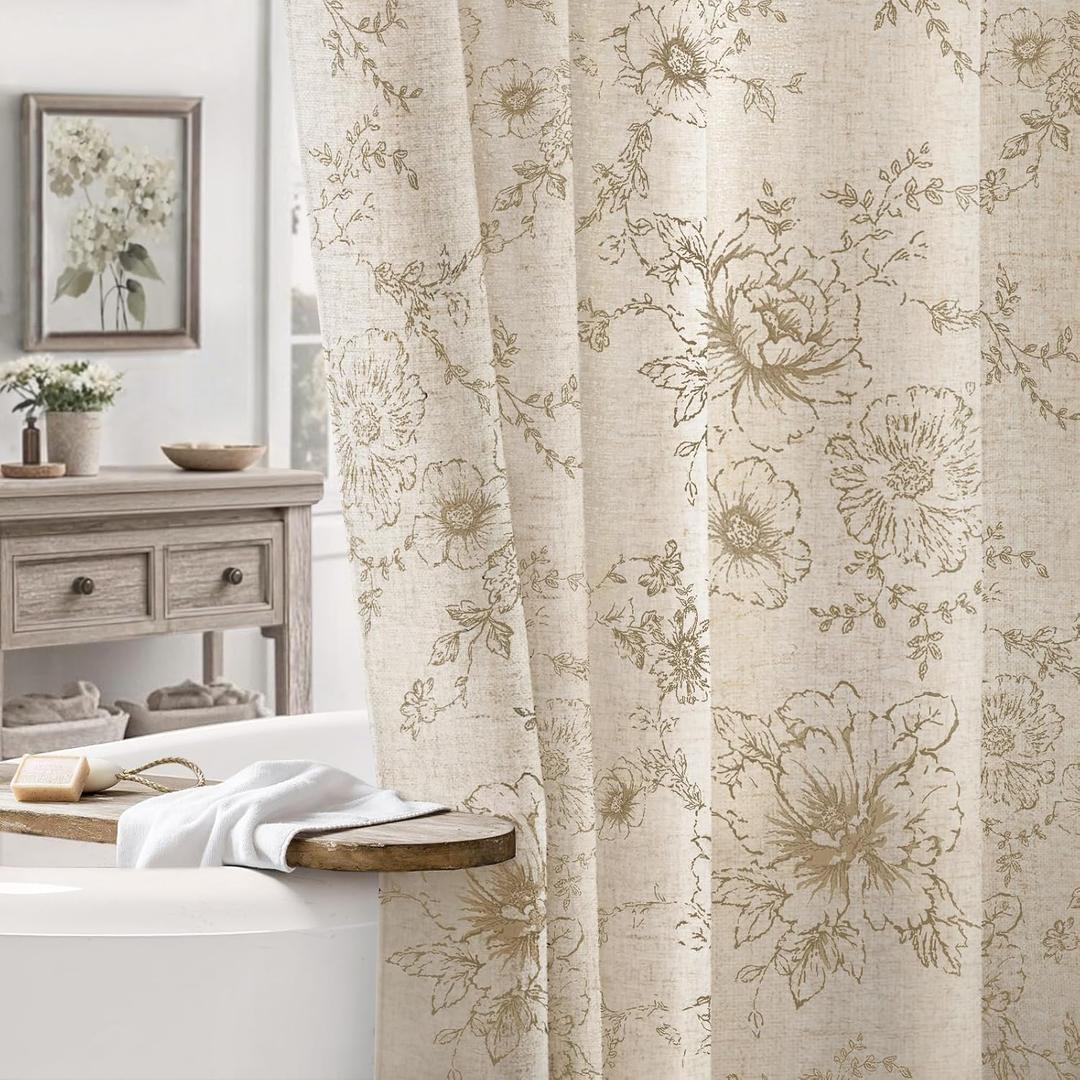 Farmhouse Floral Linen Shower Curtain, Vintage Beige Pattern Rustic Shower Curtains for Bathroom, Tan Taupe,72x72