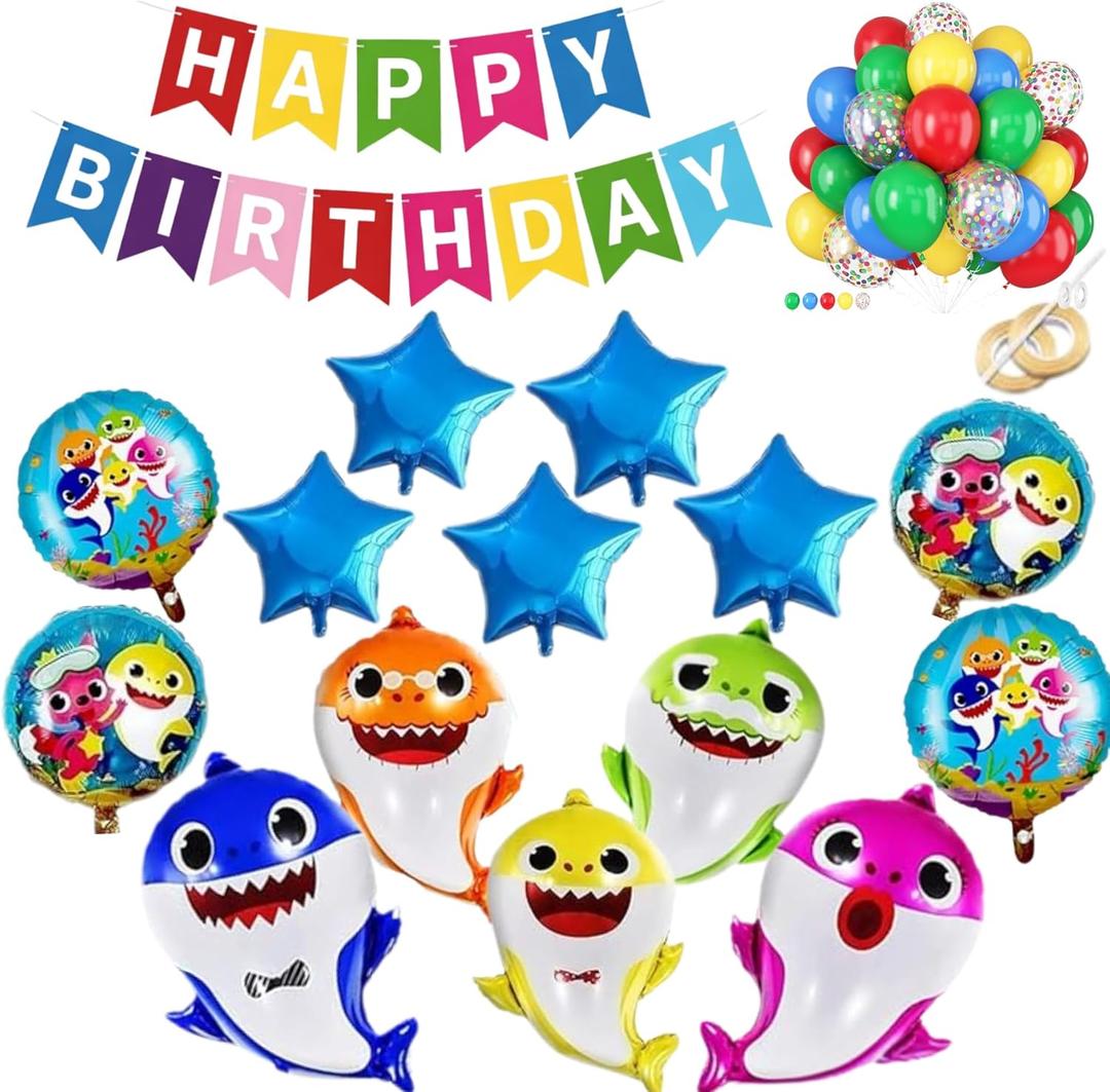 Shark Birthday Decorations Balloon Kit 52 PCS Shark Balloons XL 26" with Happy Birthday Banner, Star Foil Balloons and Latex Balloons for Kids Ocean Theme Birthday Party Supplies