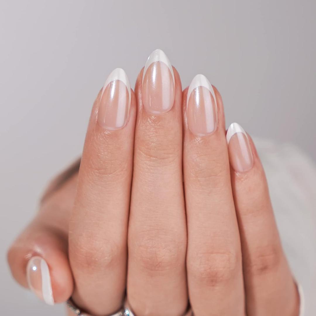 French Tip Press On Nails - BTArtbox White Almond Medium Reusable Stick On Nails in 15 Sizes - 30 Soft Gel Fake Nail Kit for Women Gift, Classic