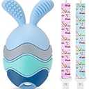 Easter Egg Bunny Baby Teether, Baby Teething Toy for Easter Basket Stuffers, Rabbit Egg Rattle Toy Teething for Infant Boys & Girls Baby Egg Teether Blue, 3 Months +
