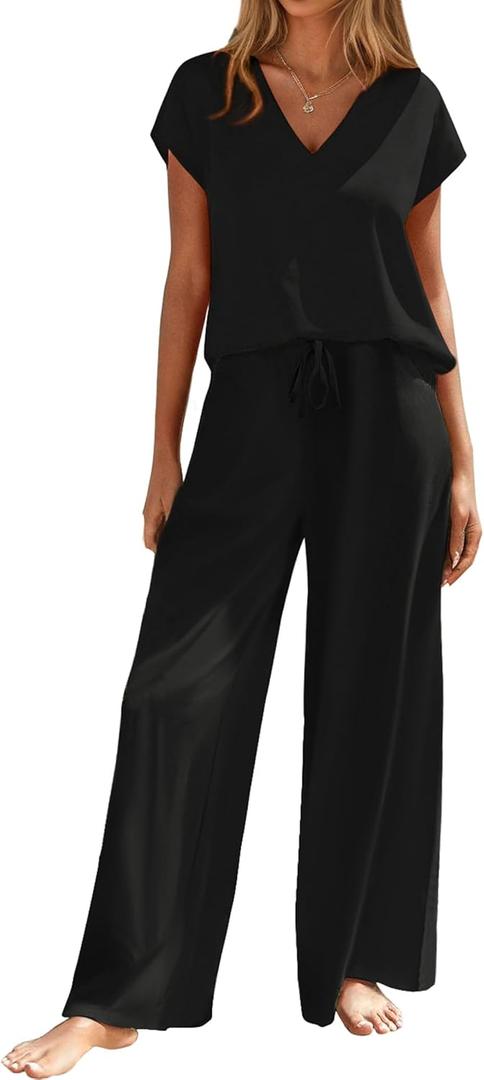 Andeip Womens Pajama Sets Short Sleeve Top and Long Pants Loungewear 2 Piece Lounge Set (Medium, Black)