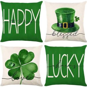 St Patricks Day Decor-Throw Pillow Covers 18x18 in Set of 4,Shamrock Linen Pillow Case with Green Hat Irish for Large Couch Sofa Home Indoor Outdoor Holiday Decorations