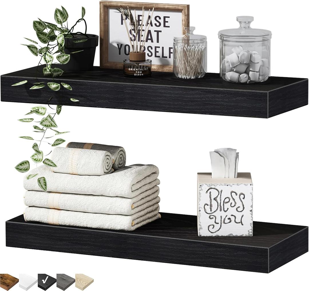 QEEIG Bathroom Floating Shelves for Wall - 15.7" Wall Mounted Shelf Over Toilet Farmhouse Home Decor Display Bookshelf Small 15.7 x 6.7 inch Set of 2, Black (008-40B)