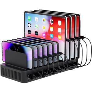 60W Charging Station for Multiple Devices, 10-Port USB Fast Charging Station with Adjustable Dividers - Device Organizer Charging Dock for iPhone, Android, iPad, Tablets & More (Black)