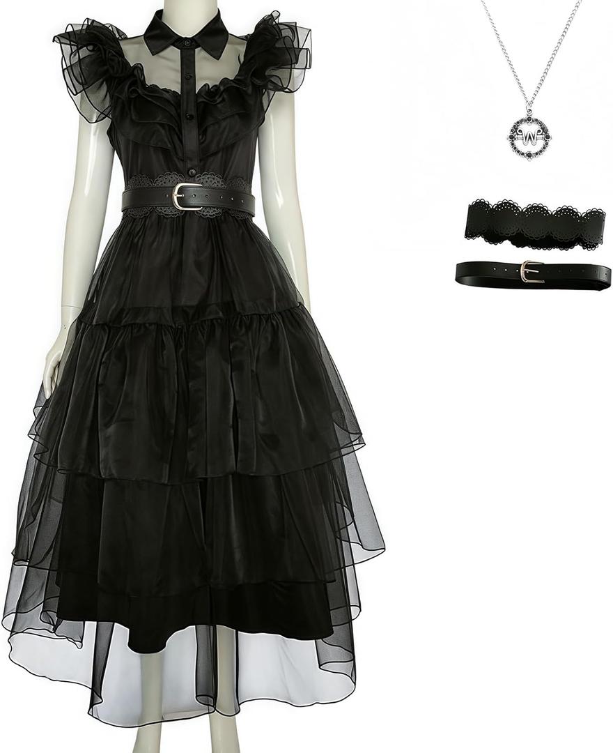 Halloween Women Black Gothic Tulle Cosplay Dress Party Ruffle Layered Prom Dance Costume Belt Necklace (Medium)