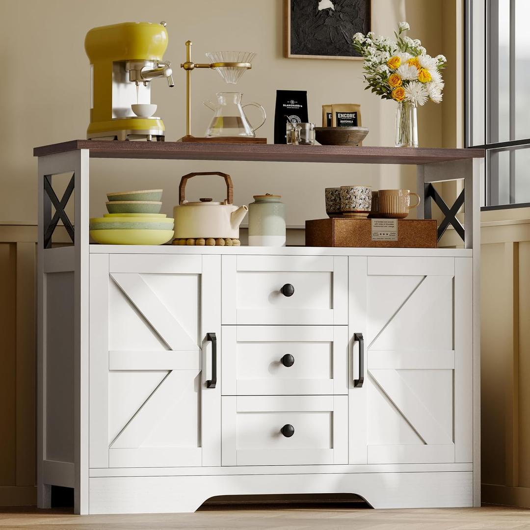 YGEOMER Buffet Cabinet Sideboard Farmhouse Coffee Bar with 3 Drawers and 2 Doors, Wood Kitchen Table Wine Bar Storage Cabinet for Dining Room