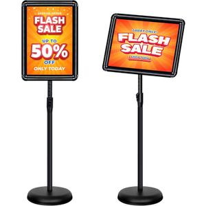 11x17 Inch Adjustable Pedestal Poster Sign Stand, Heavy Duty Floor Standing Sign Holder Stand Aluminum Snap Open Frame for Vertical and Horizontal View Sign Displayed (Black, Round)