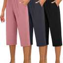 Huukeay 3 Pack Women's Capri Sweatpants, Cozy Wide Legs Cropped Capri with Pockets, Lounge Jogger Pants Workout Yoga Solid (X-Large, Black, Dark Gray, Pink)