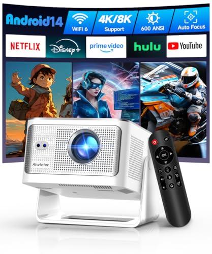 Mini Projector with Wifi6 and Bluetooth5.4, Smart Portable Projector 4K 8K Support, Android 14 & 600 ANSI, Auto Focus & Keystone, Obstacle Avoidance, 1080P Small Proyector for Bedroom, Movie, Outdoor