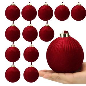 12 Pack Velvet Christmas Ball Ornaments Large Flocked Christmas Tree Hanging Ornaments Shatterproof Flocked Decorative Balls for Xmas Tree Decorations (Dark red, 4inch)