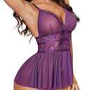 Avidlove Lingerie for Women One Piece Teddy Lace Bodysuit Sexy Babydoll V Neck Mesh Sleepwear (Large, Purple)