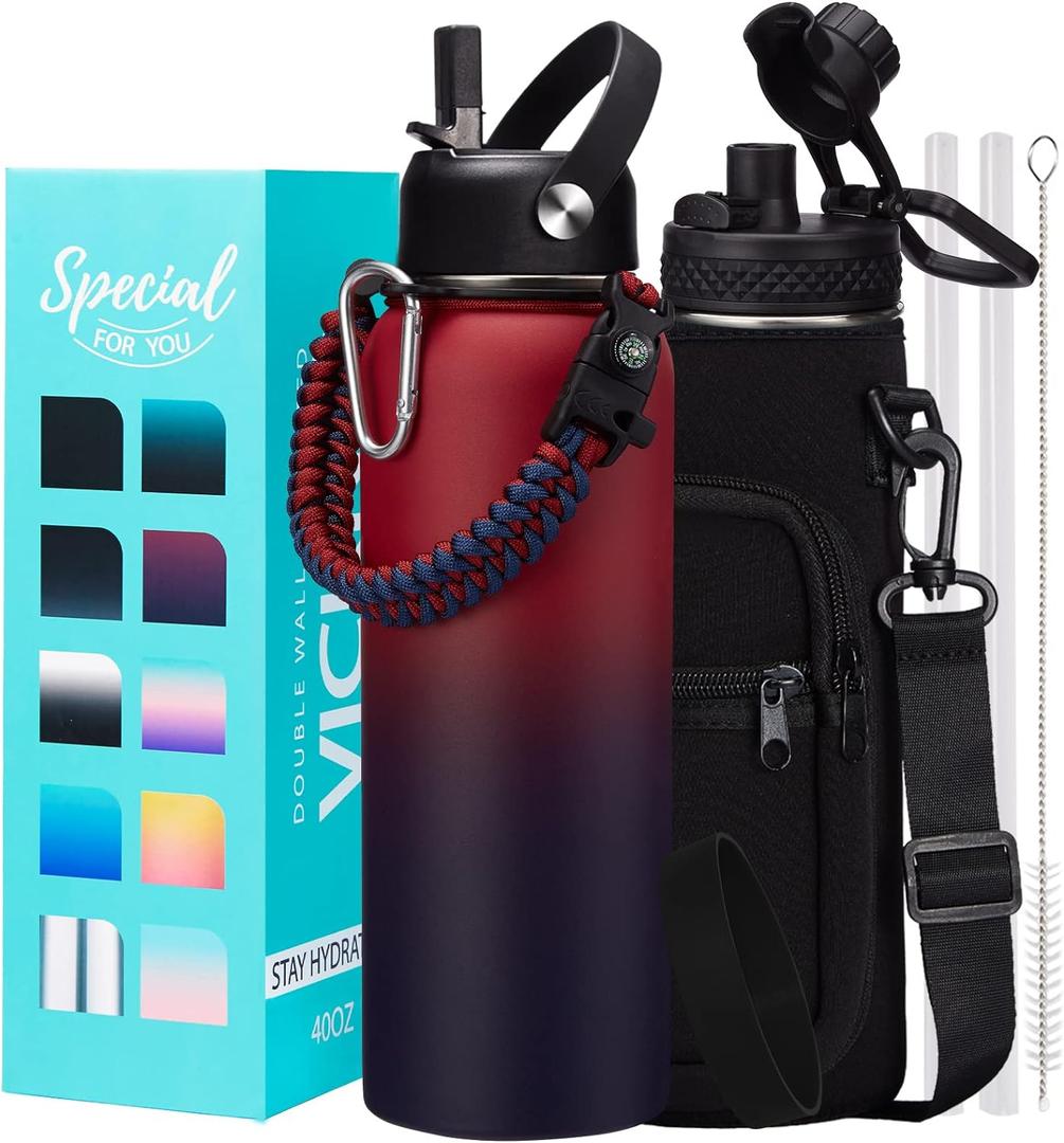 40 OZ Insulated Water Bottles with Straw Lid, Stainless Steel Water Bottle for Men Women, Wide Mouth Water Flask Sports with Shoulder Carrier Bag, Paracord Handle, Straw & Spout Lids