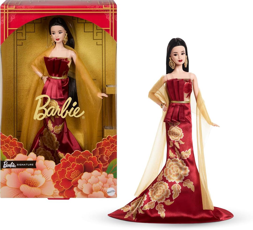 Barbie Signature Lunar New Year Fashion Doll Wearing Red Dress with Golden Peony Print, Collectible Holiday Toy