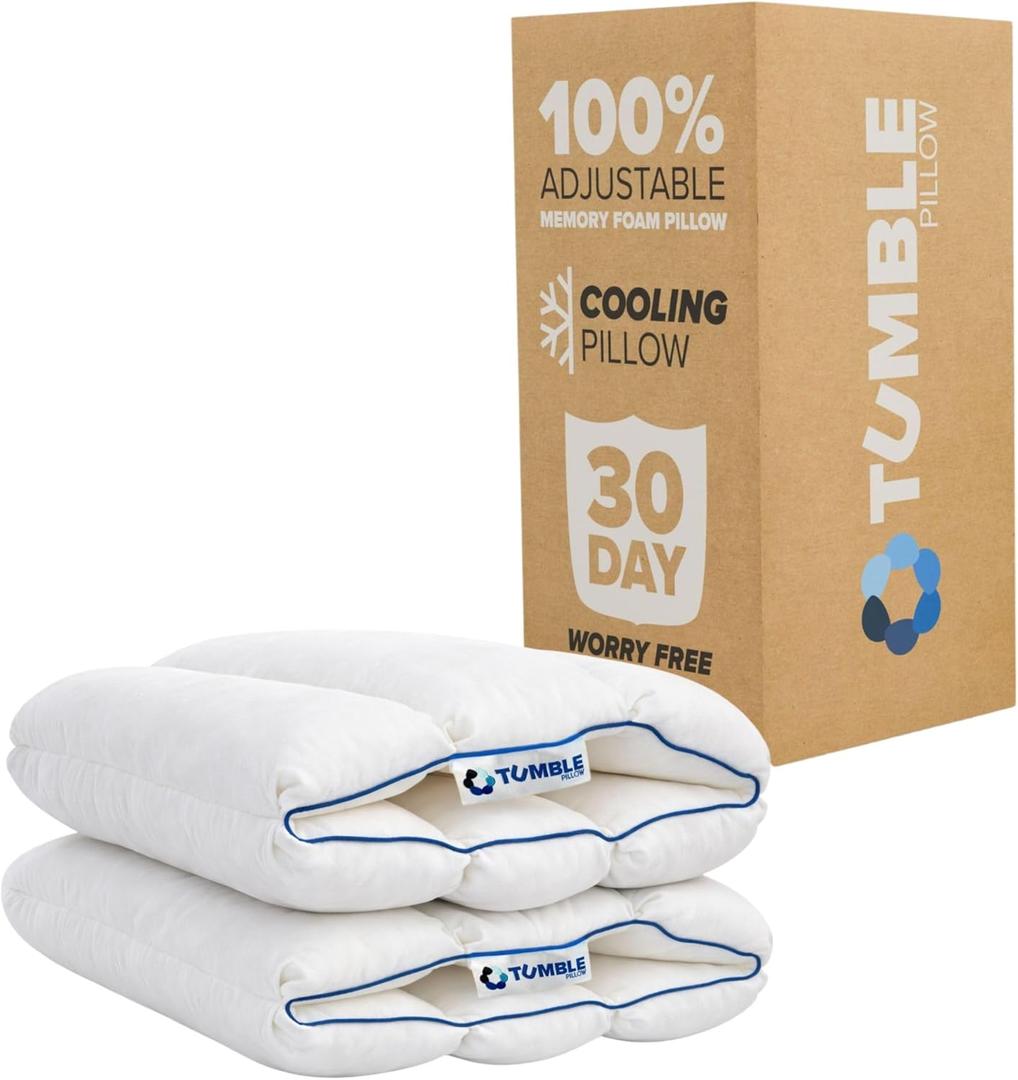 TUMBLE 6-Chamber Adjustable Bed Pillow | Back, Side & Stomach Sleepers | Cooling Cover | Memory Foam & Gel Fiber Fill| CertiPUR/Oeko-Tex | Standard Queen 2 Pack