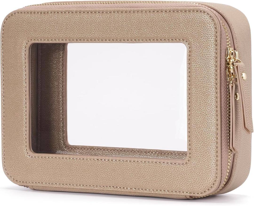 Popvibe Clear Makeup Bag Travel Cosmetic Case Transparent Toiletry Bag with Zipper, Portable Make Up Organizer Traveling Compact Car Bag for Essentials (Gold)