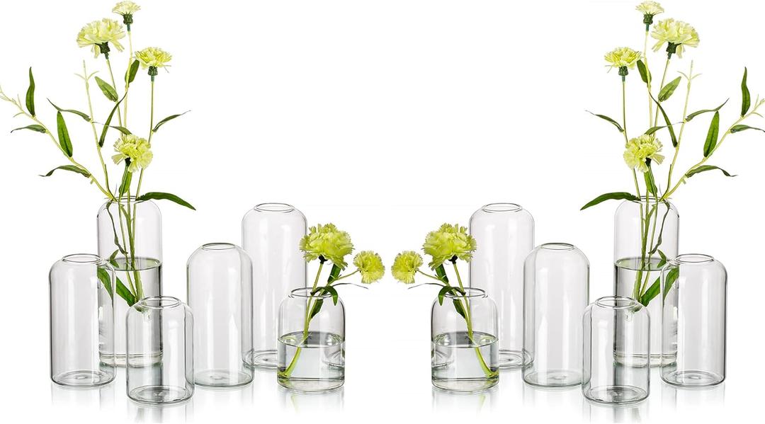Glass Bud Vases for Flowers - Hewory Blown Modern Small Glass Vases for Centerpieces Set of 12, Mini Clear Bulk Flower Vases for Wedding Party Events Home Decor Floral Arrangement (Not Include Flower), 4sets (12pcs), Clear