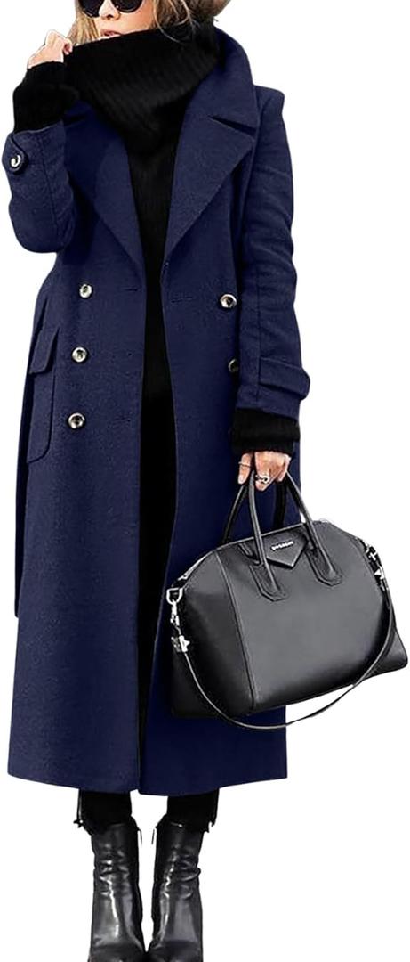 chouyatou Women's Winter Double Breasted Wool Coat Business Casual Long Winter Pea Coat with Belt (XX-Large, Navy Blue)