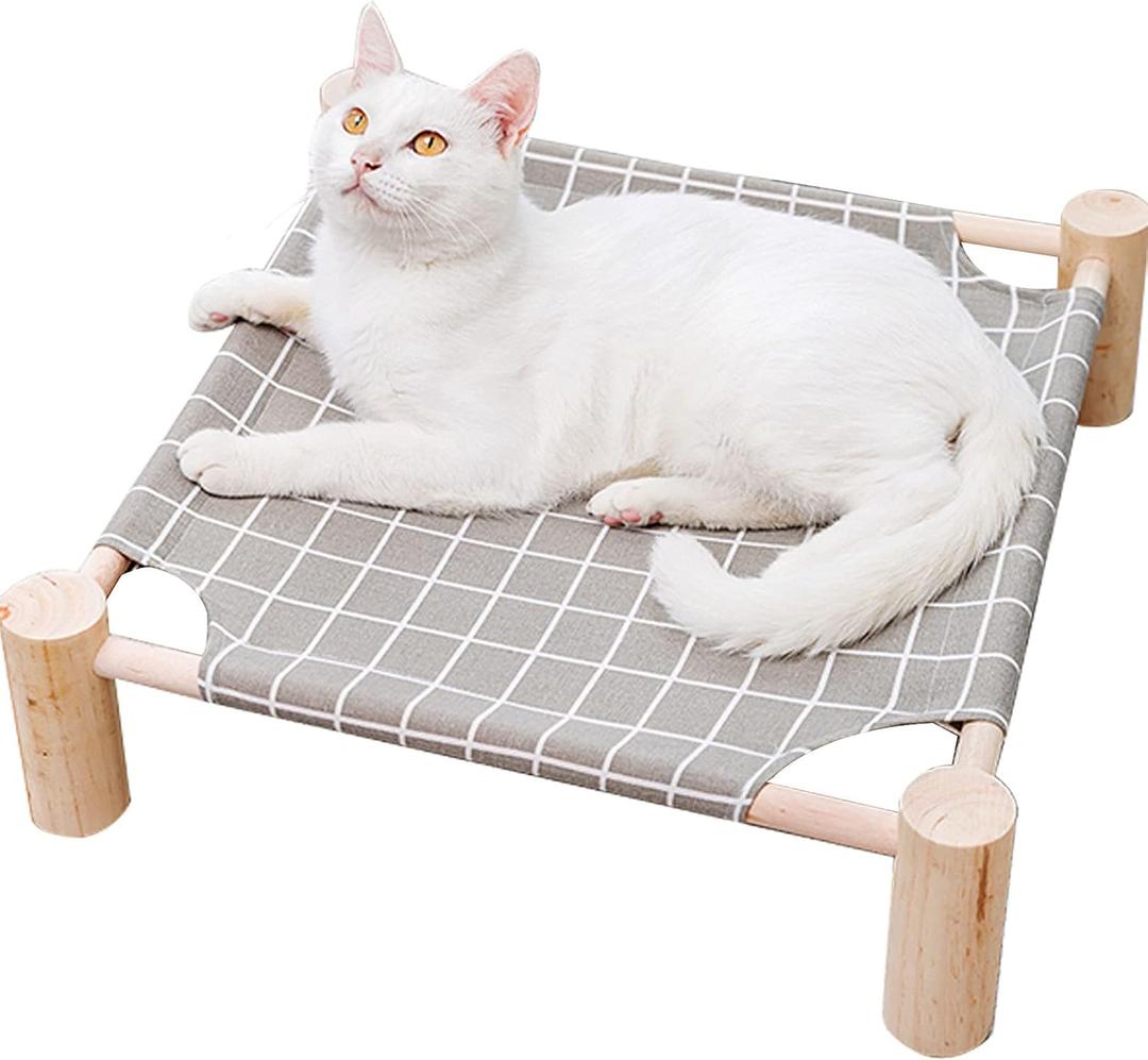 Pozico Elevated Cat Bed for Small Dogs & Cats  Raised Pet Hammock Bed, Wooden Frame Indoor Outdoor Dog Cot, Breathable Mesh Puppy Bed, Portable Cat Lounger  Grey Grid