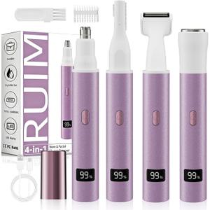 RUIM Electric Nose Hair Trimmer for Women, 4-in-1 Painless Facial Grooming Kit with Eyebrow Trimmer, Nose & Ear Trimmer, Facial Shaver - USB-C Rechargeable, Waterproof, LED Display (Purple)