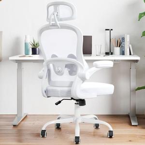 Ergonomic Office Chair,Ultra Thick Office Desk Chair with Adjustable Lumbar Support and Headrest,Spring Cushion,Rocking Function,Flip-up arms,Mesh Computer Chair for Home Office,White, 21.2" W x 20.5" D x 24.8" W x 24.8" D x 50.3" H