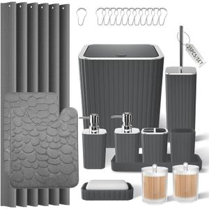 Bathroom Accessories Set- 25PC Grey Bathroom Set, Bathroom Set with Shower Curtain and Rugs, Shower Curtain Set, Toilet Brush, Trash Can, Qtip Holder Dispenser & Soap Dispenser