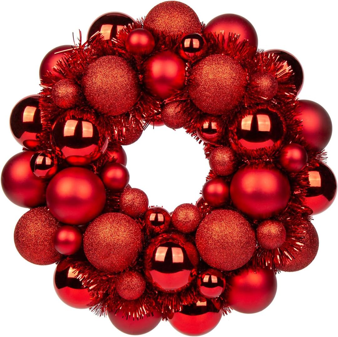 Christmas Ball Wreath 13" Xmas Wreaths Ornaments Glitter Thicken Shatterproof Garland Decoration for Door Wall Mantel Holiday Party Decor, Red