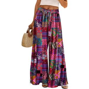 YESNO Women Summer Boho Palazzo Pants High Waist Wide Leg Floral Casual Cotton Lounge Trousers with Pockets L PP0 P002R