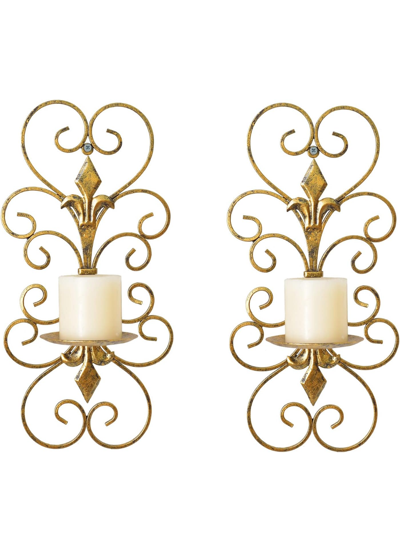Set of 2 Wall Sconces Candle Holders Metal Wall Decoration Hanging Wall Mounted Candle Sconces for Home Decor Bedroom Dining Room, Antique Gold