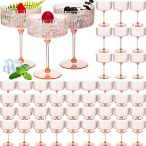 48 Pcs Ribbed Martini Glasses 10 oz Disposable Plastic Vintage Ribbed Coupe Glasses Cocktail Unbreakable Dessert Parfait Glassware for Wedding Birthday Party Supplies (Champagne Powder)