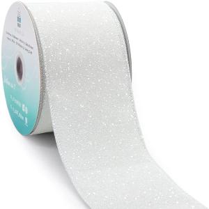 CT CRAFT LLC Glitter Wired Ribbon 2.5" x 10 Yards White for Christmas Home Decor Bow Gift Wrapping DIY Crafts Wreath