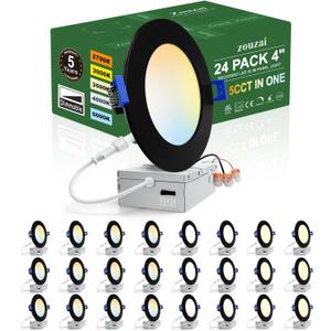 zouzai 24 Pack 4 Inch Black 5CCT Selectable Ultra-Thin LED Recessed Ceiling Light with Junction Box,9W Eqv 80W, Dimmable, led can Lights - ETL and Energy Star Certified