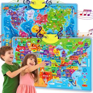 QUOKKA Educational Toys for Kids 5-7 Year Old - USA World Maps Learning Wall Chart for Toddlers Age 3 4 6+ - Interactive Speech Therapy Poster Boy Girl - Autism Game 8-10-12