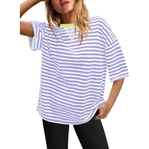 SENSERISE Womens Summer Tops Short Sleeve Sweatshirt Crewneck Striped T Shirt Oversized Basic Tees Casual Loose Fit (Small)