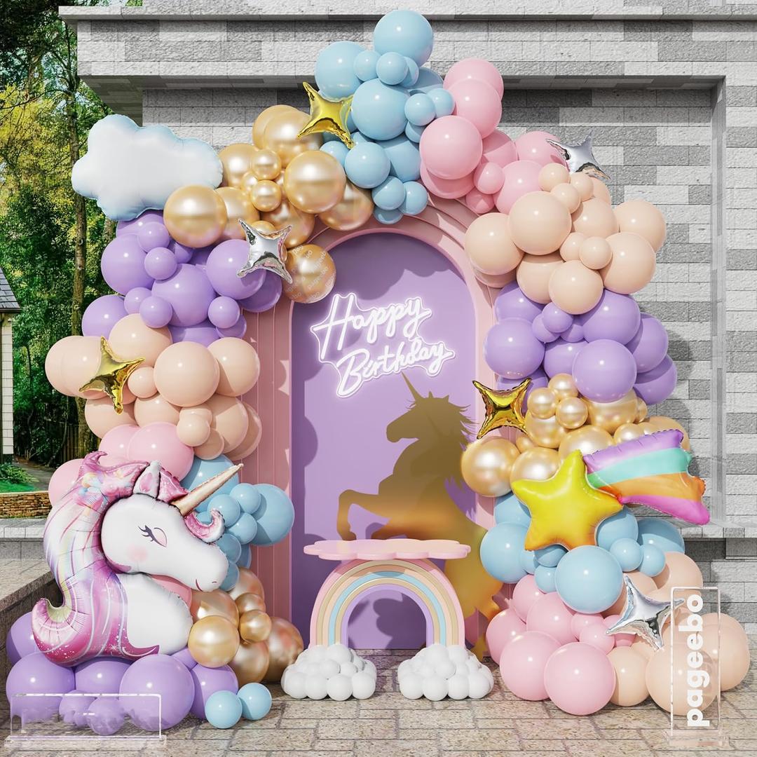 PageebO Pastel Rainbow Unicorn Balloon Garland Arch Kit, 154Pcs Soft Rainbow Balloons with Unicorn Meteor Cloud Balloons for Fairytale Birthday Party Princess Tea Girl Baby Shower Decorations