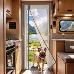 RV Screen Door Curtain 75 x 33'' Magnetic Tear-Resistant Mesh for Camper Doorway, Travel Trailer, Fifth Wheel and Motorhome, Self-Closing Bug Screen Mosquito Net with Accessories- Silver Gray