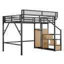 KEIKI Queen Size Metal Loft Bed Frame with Convertible Staircase, Built-in Storage Shelves & Wardrobe, Loft Bed with Solid Slats & Guardrail, No Box Spring Required, Easy Assembly, for Bedroom, Black