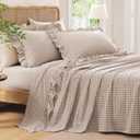 Andency Queen Cotton Gingham Sheets Set Taupe, Soft Breathable 100% Washed Cotton Plaid Ruffle Sheet for Queen Size Bed, 4 Pieces Classic Aesthetic Shabby Chic Farmhouse Room Decor Bedding Set