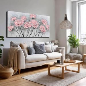 SOUGUAN Botanical Wall Art Oil Painting Pink Flower Pictures Wall Decor Large Artwork for Living Room Kitchen Home Decorations 24x48 Inch