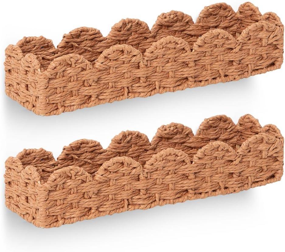 Scalloped Rattan Wall Shelf  Floating Bookshelf for Nursery, Bedroom or Living Room  Decorative Shelves, Natural Rattan Wall Shelf for Storage, Nursery Book Shelf & Display 15.8" x 4.5" x 3.2"