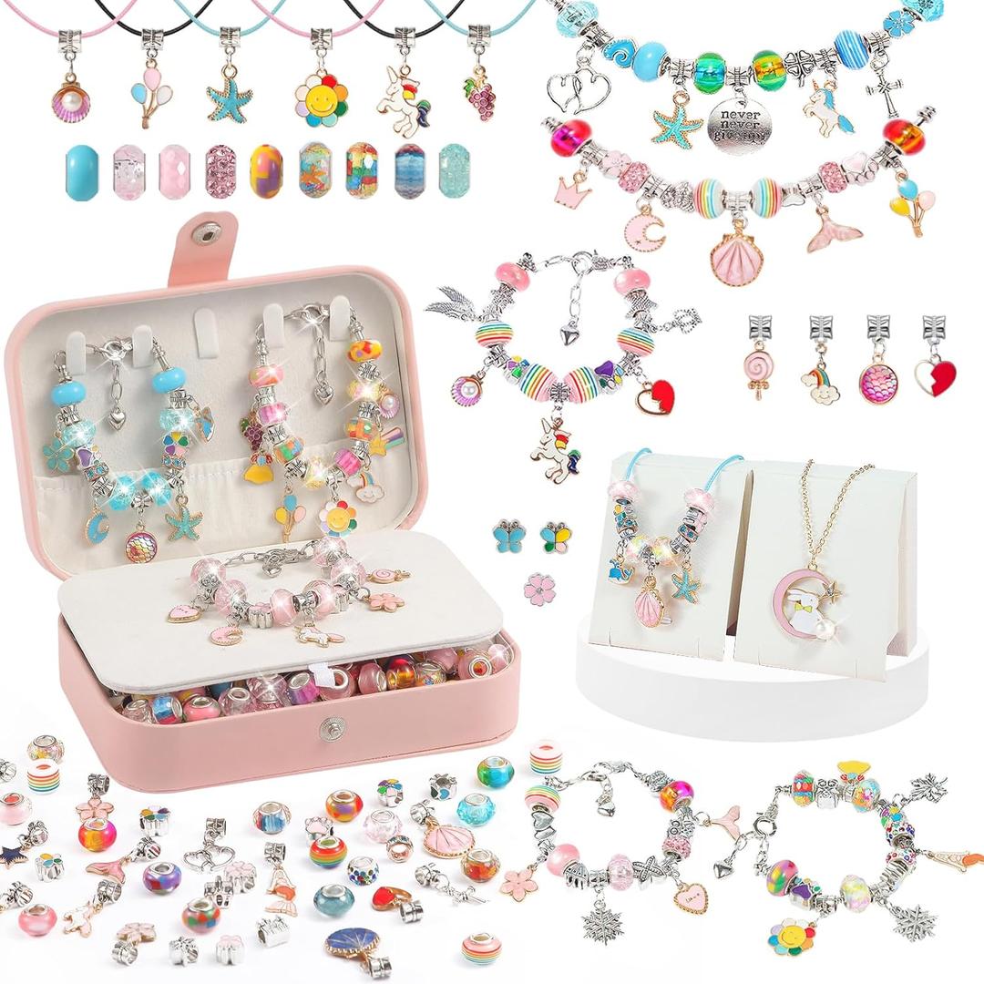YJK Charm Bracelet Making Kit, 5-12 Year Old Girl Birthday Gifts, 133 Pcs DIY Beaded Jewelry Making Kit with Jewelry Box, Creative Crafts for Girls, Charm Necklace Making kit for Girls (Blue & Pink)