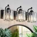 3-Light Black Bathroom Light Fixtures Over Mirror Modern Vanity Lights Crystal Wall Sconce Vintage Bathroom Lighting with Crystal Shade E26 Base for Bedroom, Living Room, Hallway, Black-A, 3-Lights