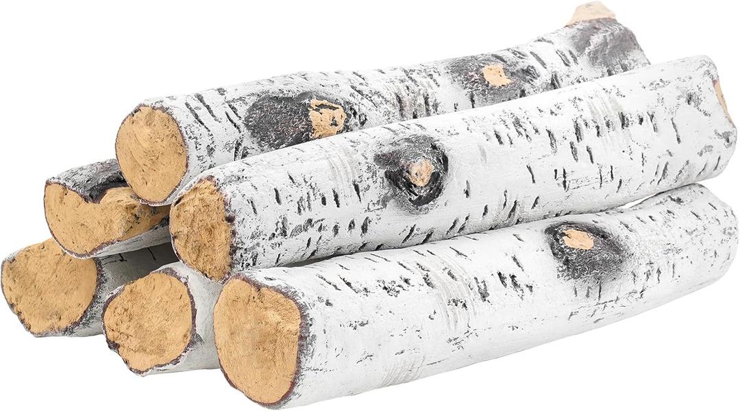 Skyflame 6 Piece Set of Gas Fireplace Logs, Large White Birch Ceramic Logs for All Types of Indoor/Outdoor Gas Inserts, Ventless, Fireplaces and Fire Pits