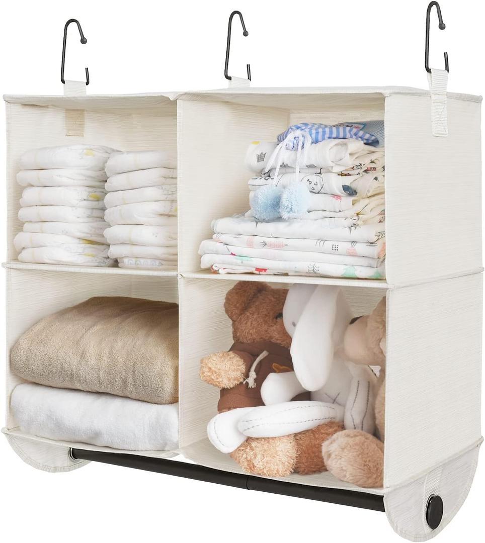 StorageWorks Hanging Closet Organizer with Garment Rod, 4 Section Closet Hanging Shelves, Hanging Clothes Cube Organizer, White & Ivory, 12 " D x 24 " W x 28" H