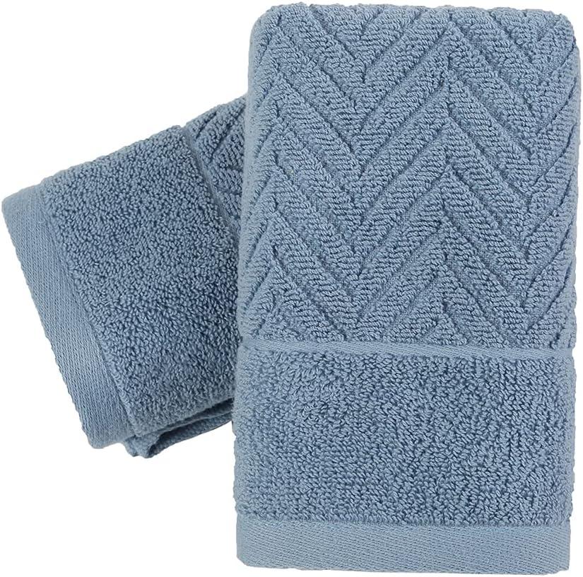 YiLUOMO Blue Hand Towel Set of 2 100% Cotton Terry Striped Pattern Ultra Soft Absorbent Hand Towel for Bathroom Summer Decorative13 X 29"