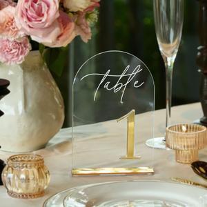 Crystal Clear Acrylic Wedding Table Numbers 1-10 Set, Self-Standing Modern Arched Signs for Reception Seating, Anniversary & Bridal Shower, Elegant Wedding Decor (5x7 Inches)