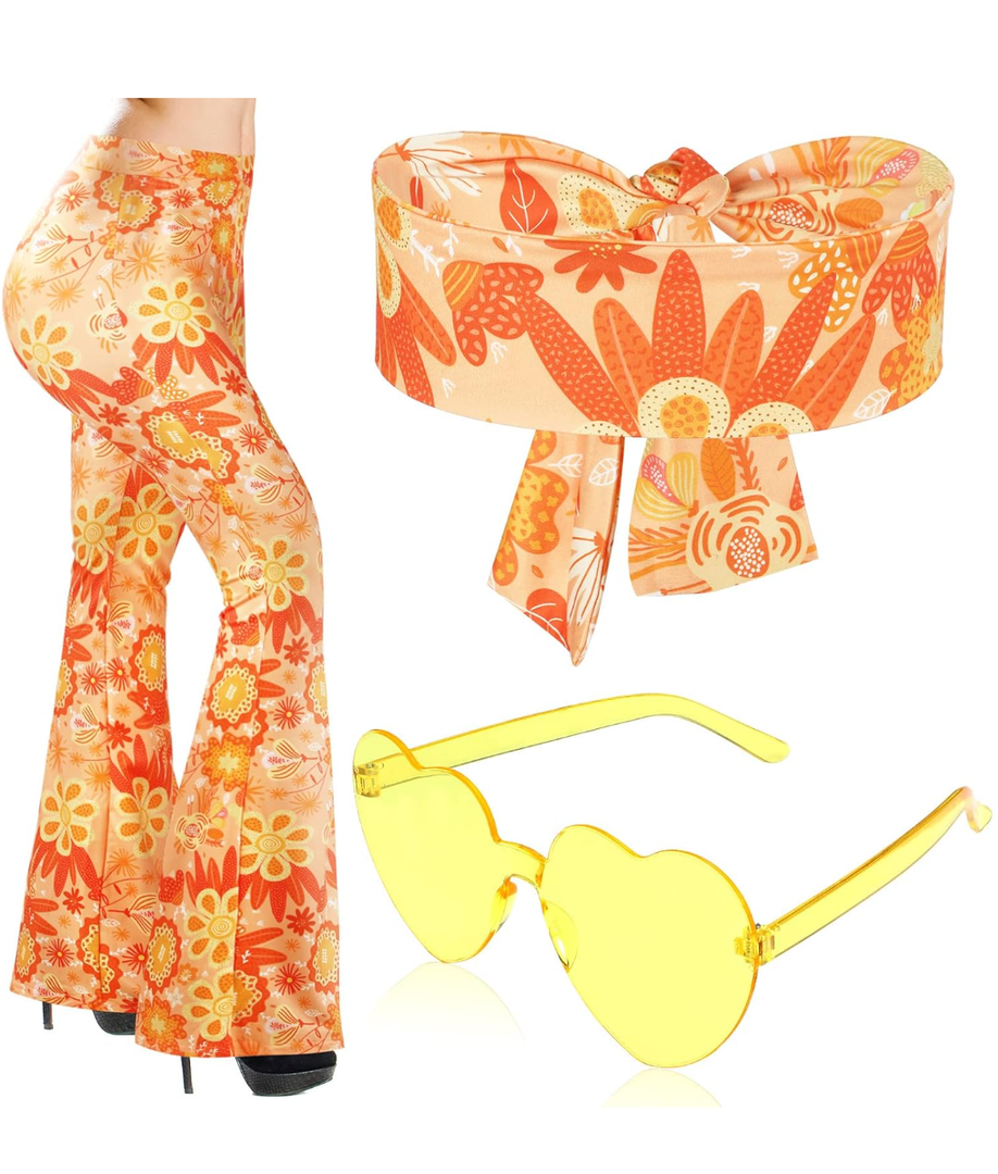 3 Pcs 60s 70s Outfit for Women Hippie Costume Set Disco Flared Pants Groovy Outfit Party Accessories