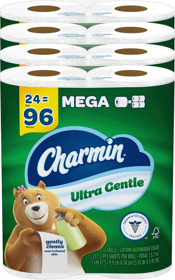 Charmin Ultra Gentle Toilet Paper, 6 Count (Pack of 4), Total 24 Mega Rolls = 96 Regular Rolls